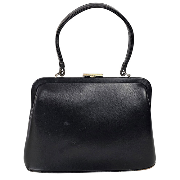 VNT 1970s black leather handbag purse snap lock frame fair condition - Picture 2 of 14